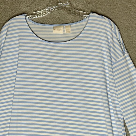 Chicos Striped Oversize Tunic‎ Top Womens Sz M Blue White Layered Hem Nautical - Picture 5 of 14